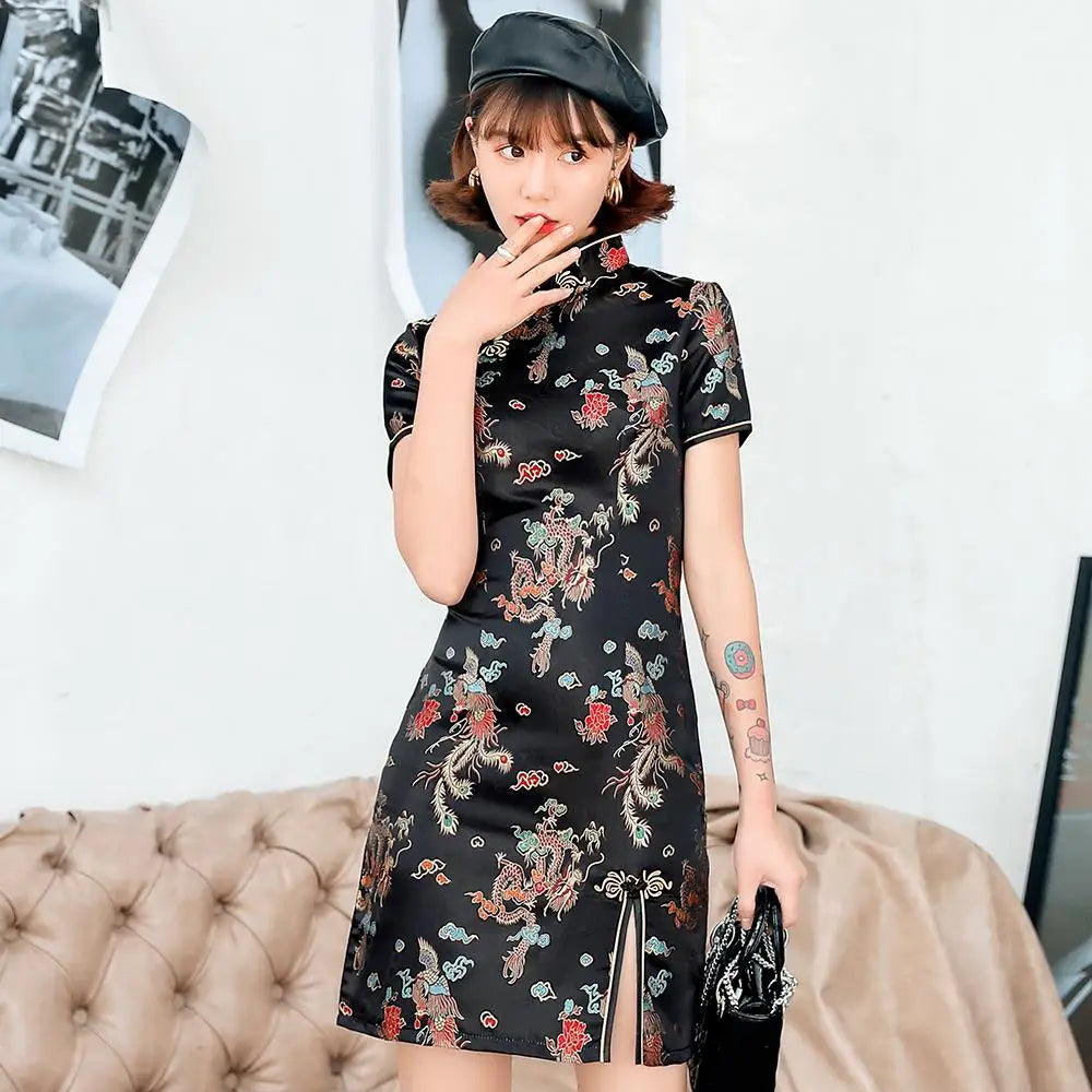 Female Qipao Mandarin Collar Short Cheongsam Vestidso Elegant Chinese Dress  Gold Flower Novelty Satin Evening Party Gown
