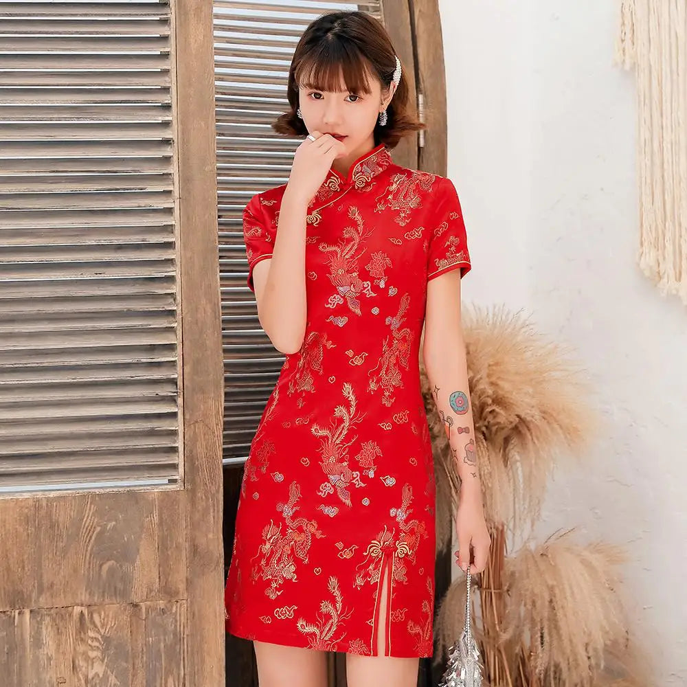 Female Qipao Mandarin Collar Short Cheongsam Vestidso Elegant Chinese Dress  Gold Flower Novelty Satin Evening Party Gown