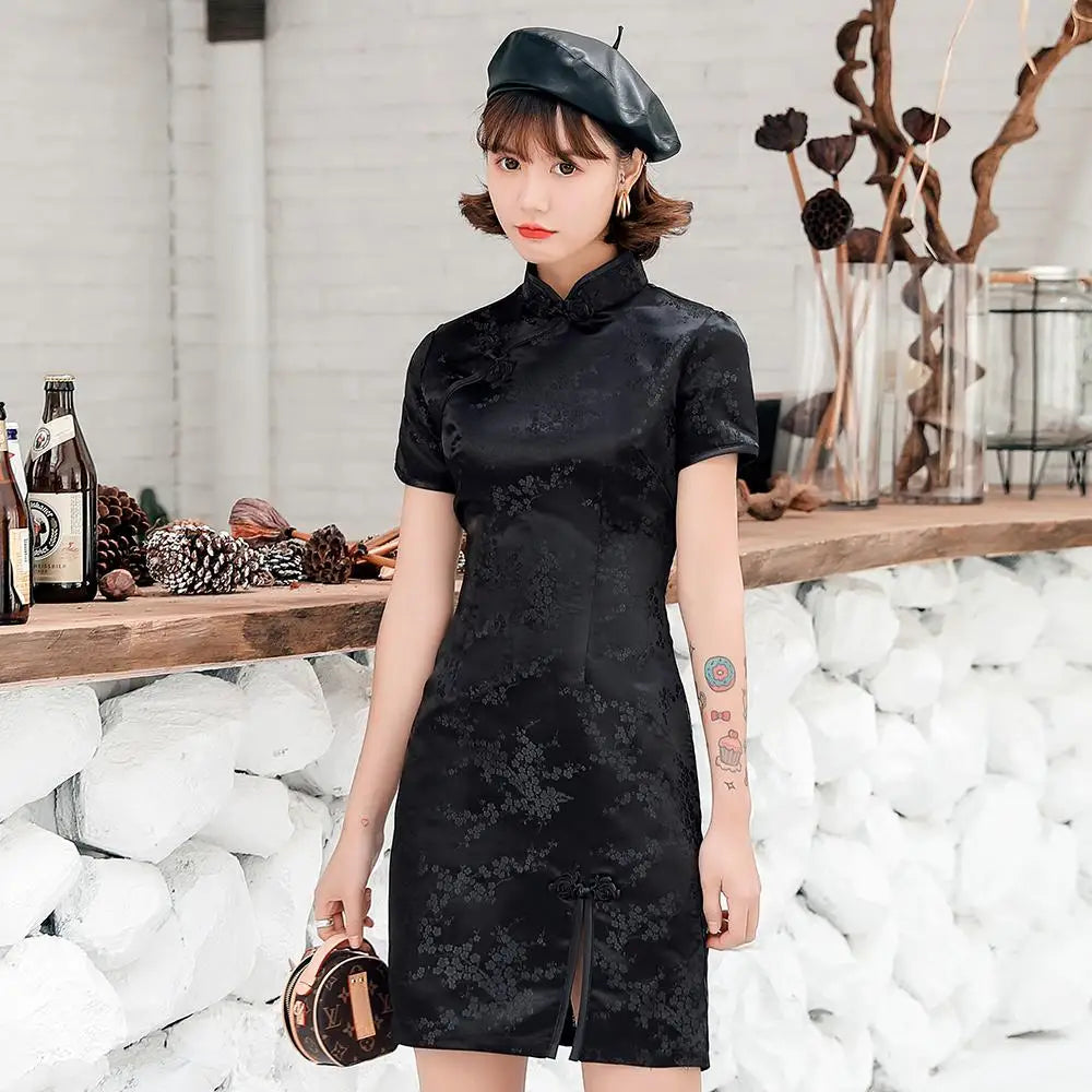 Female Qipao Mandarin Collar Short Cheongsam Vestidso Elegant Chinese Dress  Gold Flower Novelty Satin Evening Party Gown