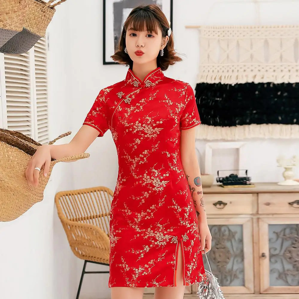 Female Qipao Mandarin Collar Short Cheongsam Vestidso Elegant Chinese Dress  Gold Flower Novelty Satin Evening Party Gown