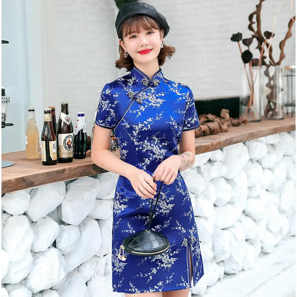 Female Qipao Mandarin Collar Short Cheongsam Vestidso Elegant Chinese Dress  Gold Flower Novelty Satin Evening Party Gown
