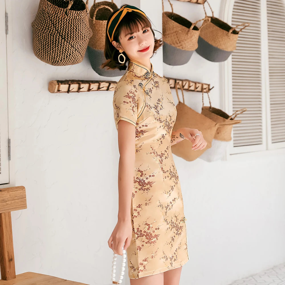 Female Qipao Mandarin Collar Short Cheongsam Vestidso Elegant Chinese Dress  Gold Flower Novelty Satin Evening Party Gown