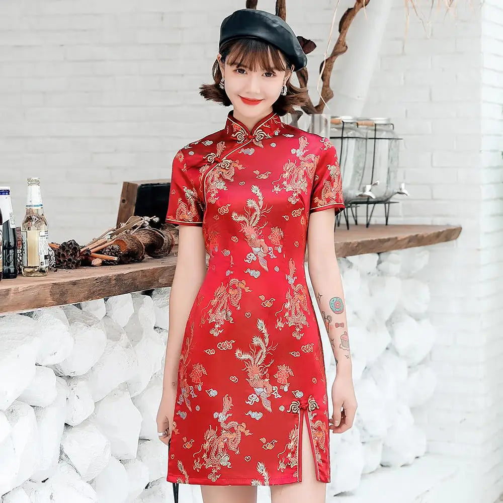 Female Qipao Mandarin Collar Short Cheongsam Vestidso Elegant Chinese Dress  Gold Flower Novelty Satin Evening Party Gown