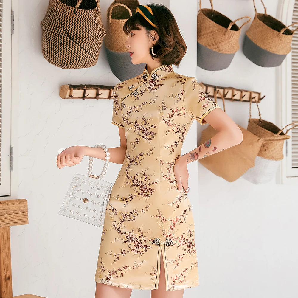 Female Qipao Mandarin Collar Short Cheongsam Vestidso Elegant Chinese Dress  Gold Flower Novelty Satin Evening Party Gown