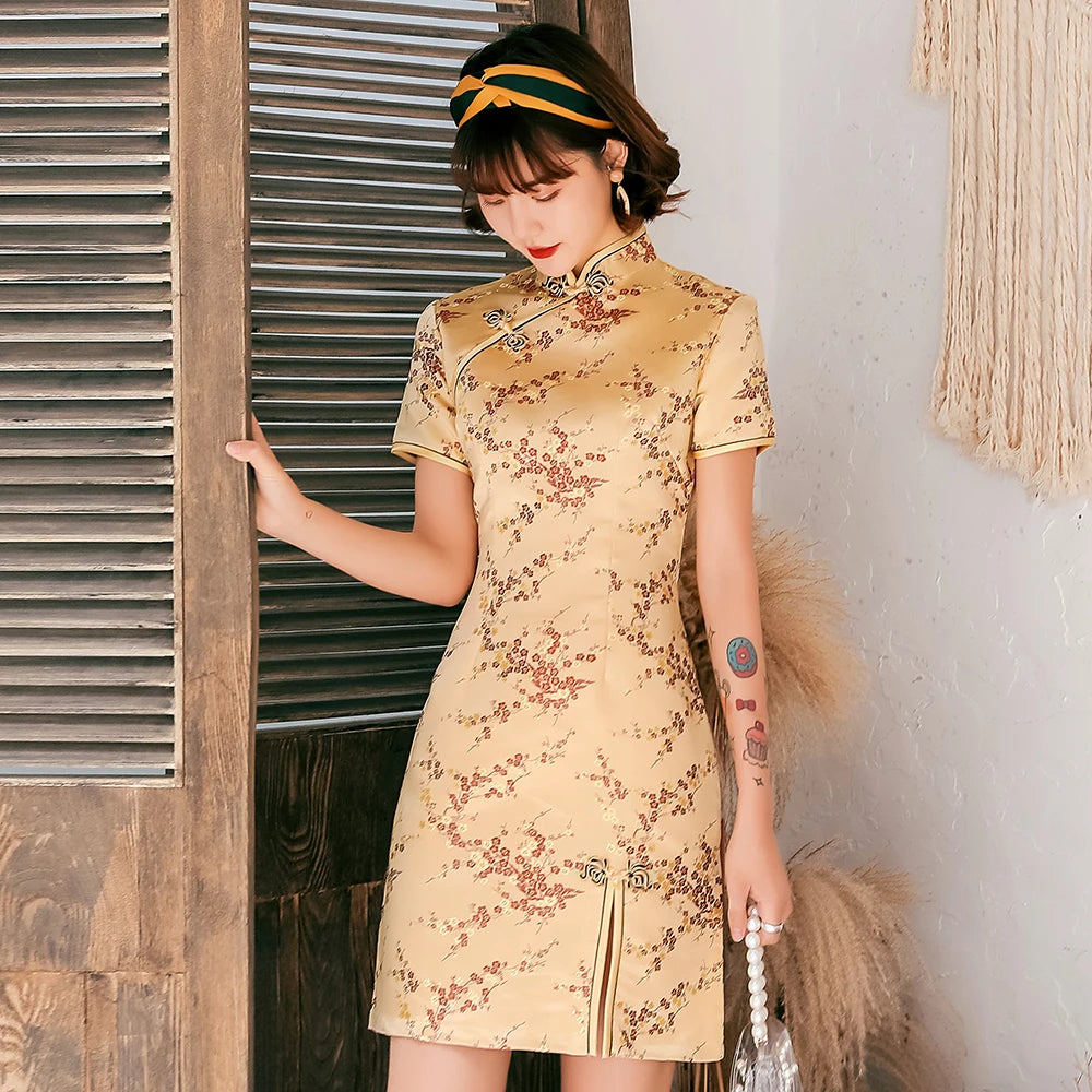 Female Qipao Mandarin Collar Short Cheongsam Vestidso Elegant Chinese Dress  Gold Flower Novelty Satin Evening Party Gown
