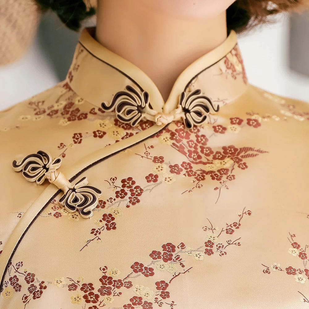 Female Qipao Mandarin Collar Short Cheongsam Vestidso Elegant Chinese Dress  Gold Flower Novelty Satin Evening Party Gown