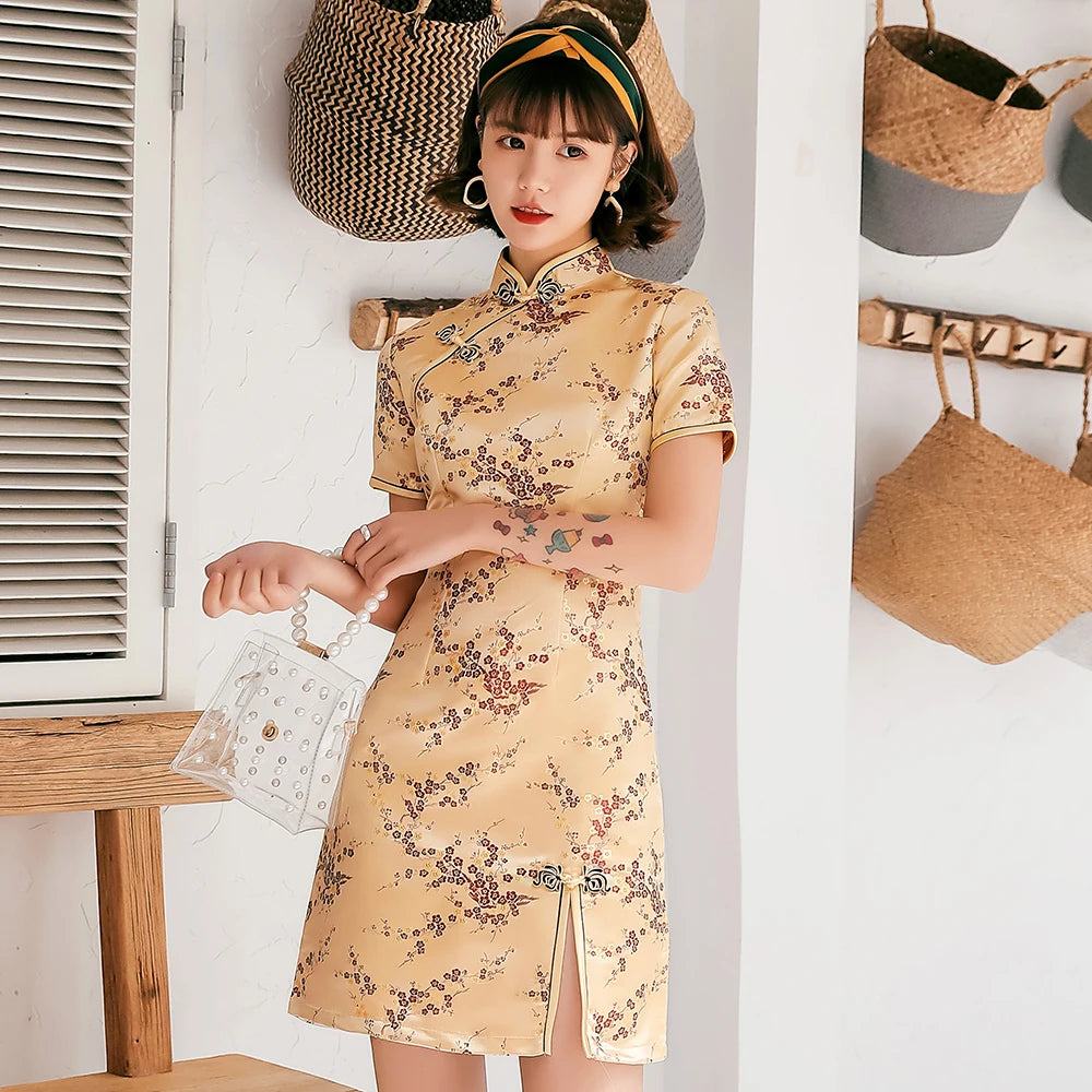 Female Qipao Mandarin Collar Short Cheongsam Vestidso Elegant Chinese Dress  Gold Flower Novelty Satin Evening Party Gown
