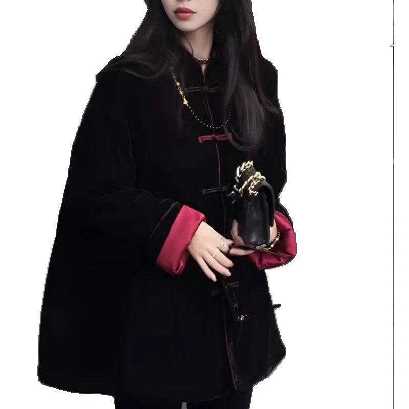 Winter Modern Chinese Coat, Women's Thick Padded Quilted Cotton Jacket with Knotted Buttons, Loose Fit Tang Suit