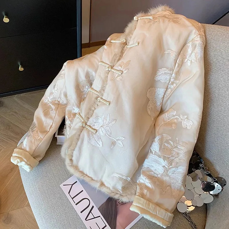 Winter Modern Chinese Quilted Coat, Women's Embroidered Cotton Padded Jacket with Knotted Buttons, Tang Suit Style