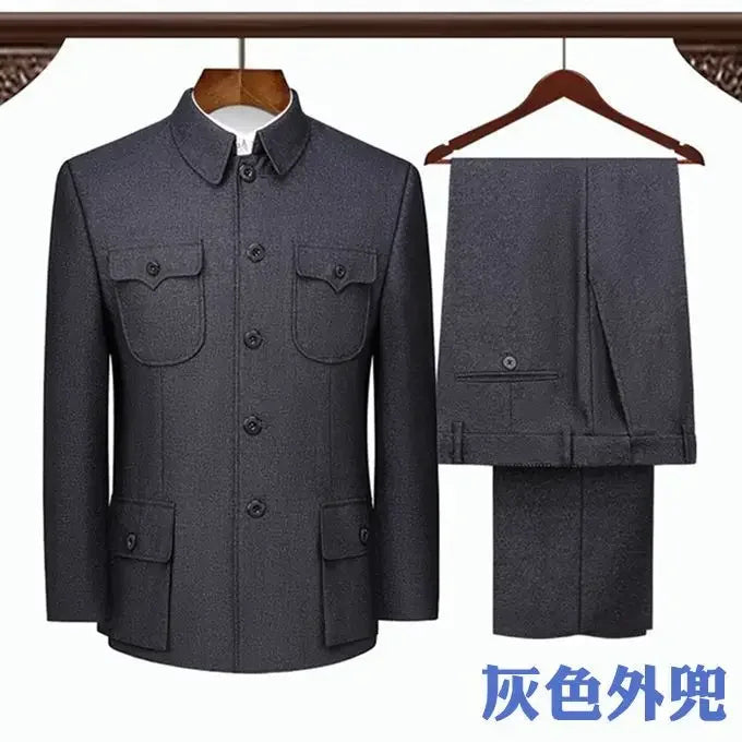 Autumn Stand-up Collar Overcoat Trousers Suit Middle-aged Chinese Style Loose Casual High Street Jackets Pants Set/single Pice