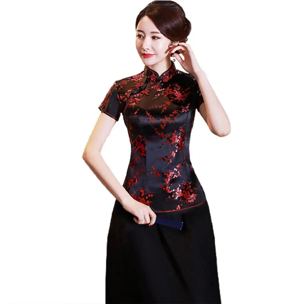 Women Cheongsam Shirt Chinese Style Plum Print Summer Autumn Exquisite Buckles Stand Collar Cheongsam Top for Wedding