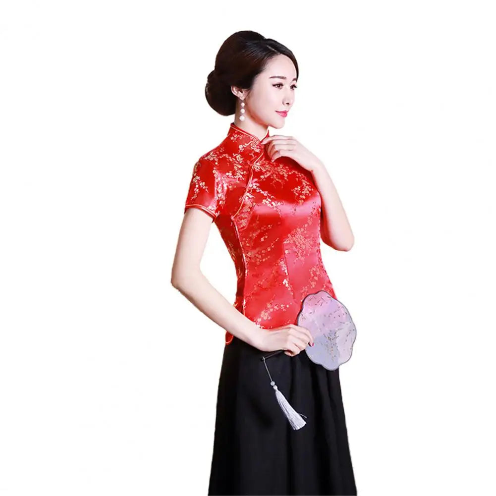 Women Cheongsam Shirt Chinese Style Plum Print Summer Autumn Exquisite Buckles Stand Collar Cheongsam Top for Wedding