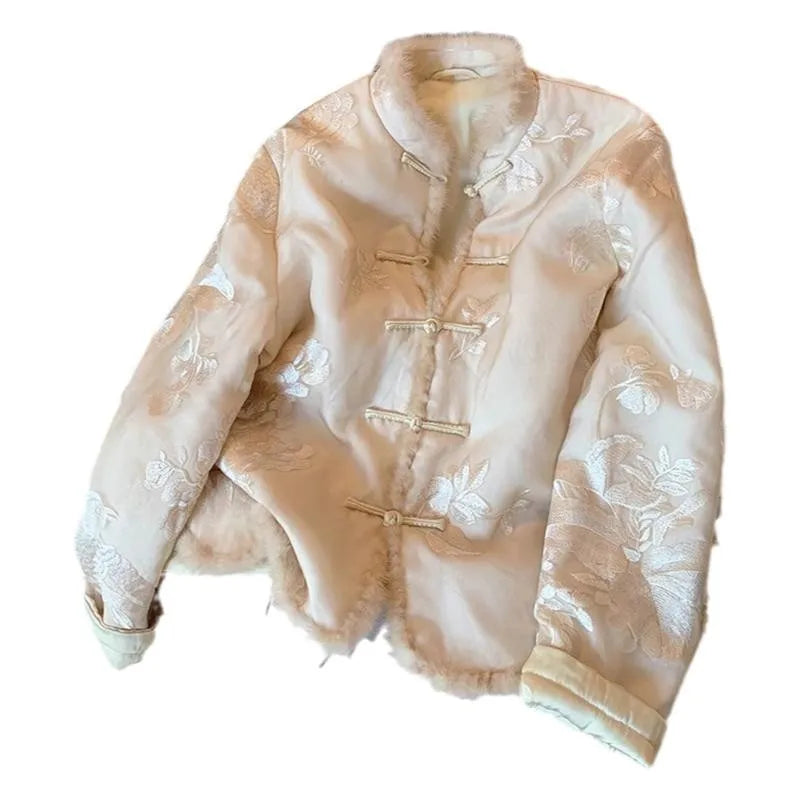 Winter Modern Chinese Quilted Coat, Women's Embroidered Cotton Padded Jacket with Knotted Buttons, Tang Suit Style