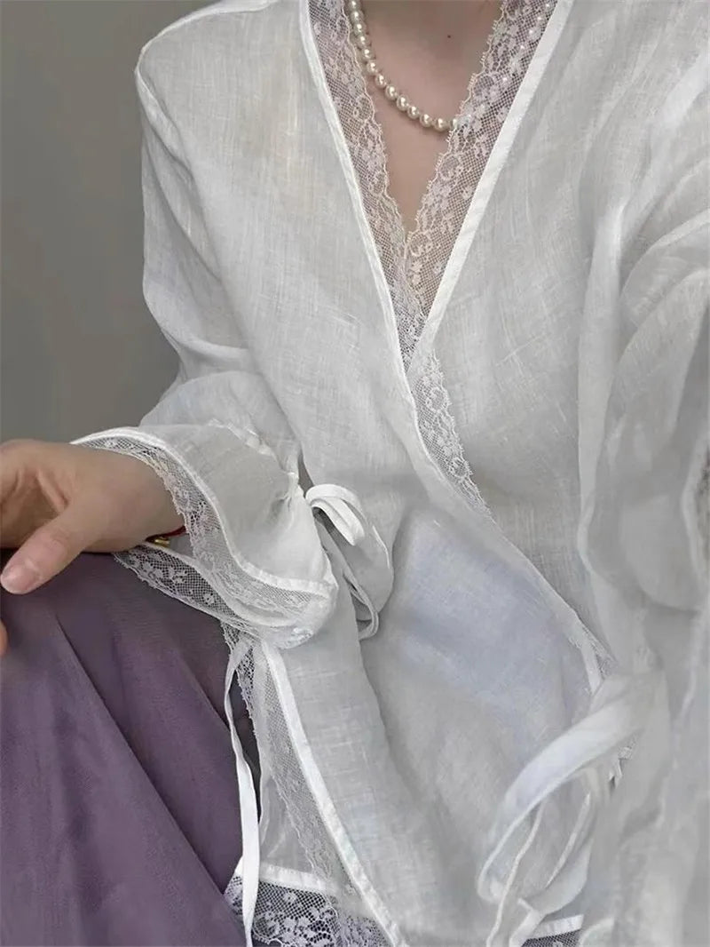 2025 New Spring White Lace Patchwork Blouse Women Chinese Fashion Long Sleeve Breathable Elegant Cardigans Irregular Shirts
