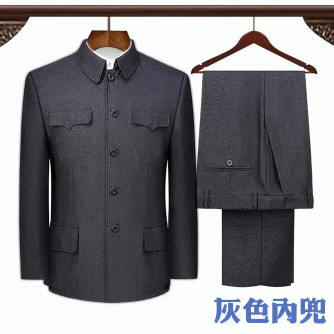 Autumn Stand-up Collar Overcoat Trousers Suit Middle-aged Chinese Style Loose Casual High Street Jackets Pants Set/single Pice