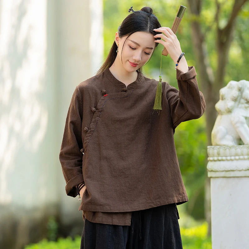 OriGoods Chinese Traditional Clothes Linen Shirt Woman 2025 New Summer Long Sleeve Shirt Japanese Zen Meditation Blouse Top C076