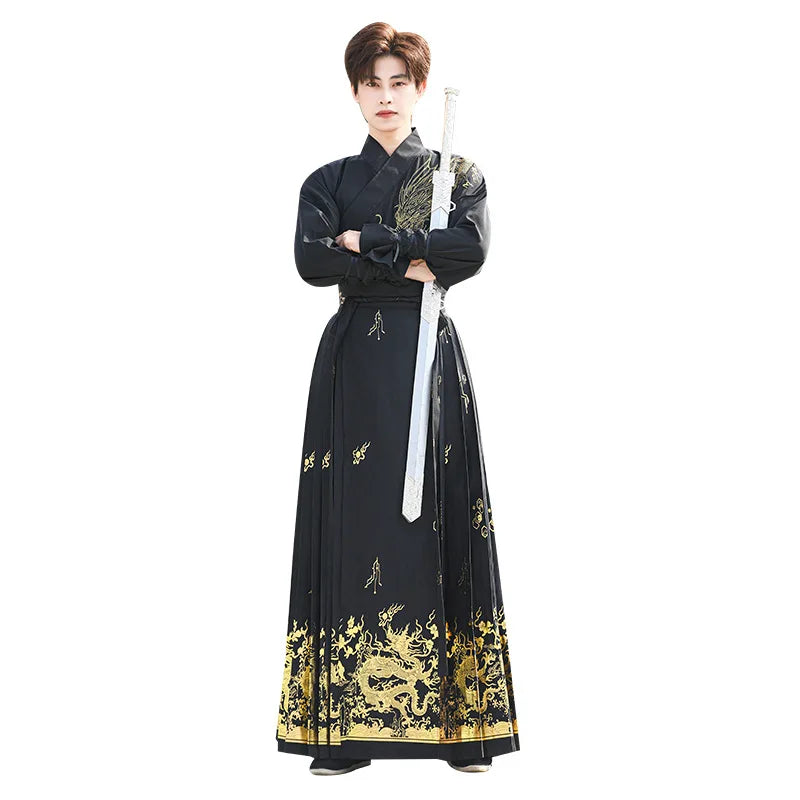 Traditional Chinese Modern Hanfu Men Horse Face Skirt Vest Mamianqun Embroidery Top Horse Face Skirt Two Piece Set 2024