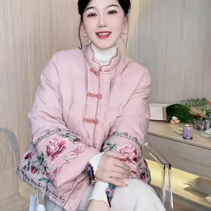 Chinese Style Retro Tang Style Cotton Jacket Women 2025 New Autumn Fashion Pink Womens Coat Casual Female Winter Clothes