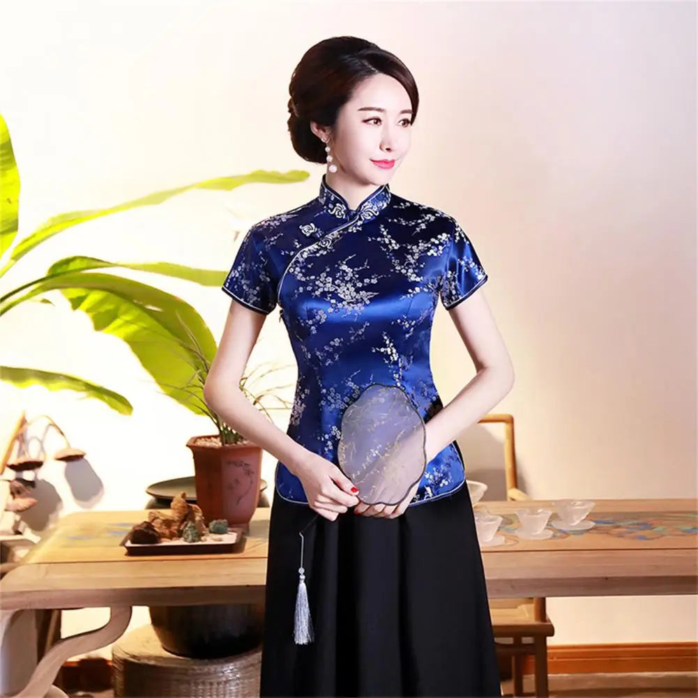 Women Cheongsam Shirt Chinese Style Plum Print Summer Autumn Exquisite Buckles Stand Collar Cheongsam Top for Wedding
