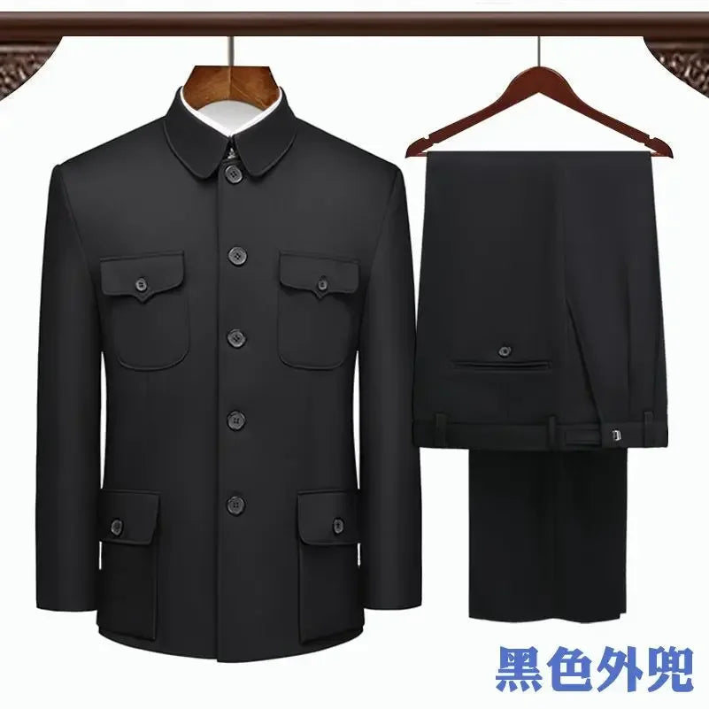 Autumn Stand-up Collar Overcoat Trousers Suit Middle-aged Chinese Style Loose Casual High Street Jackets Pants Set/single Pice