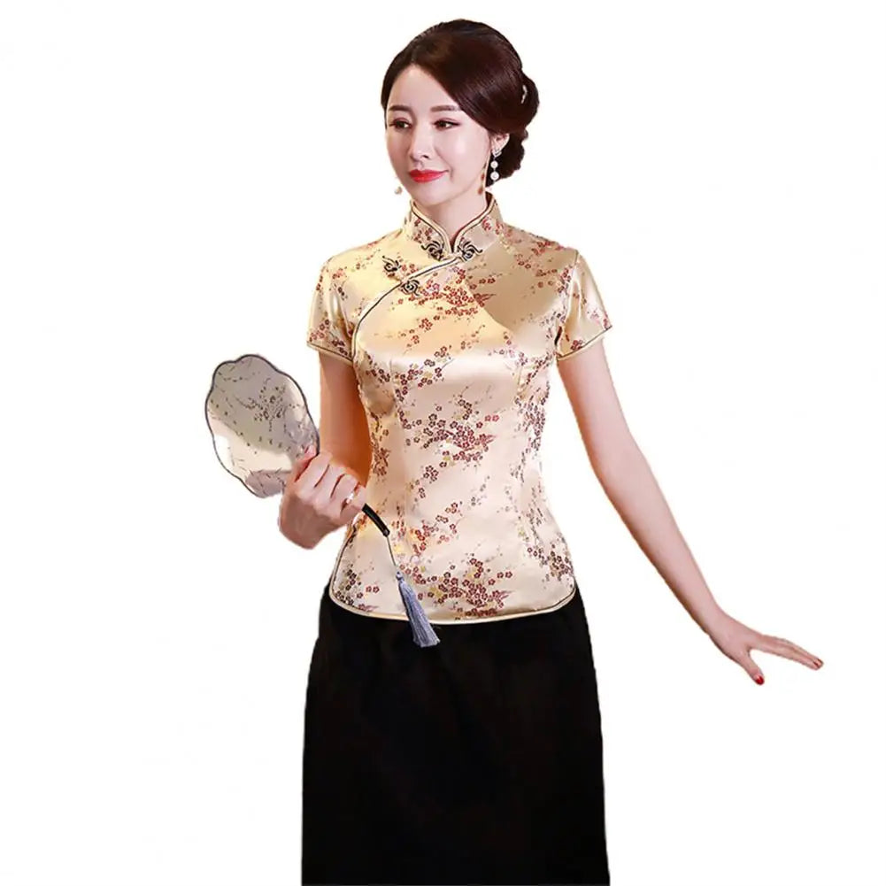 Women Cheongsam Shirt Chinese Style Plum Print Summer Autumn Exquisite Buckles Stand Collar Cheongsam Top for Wedding