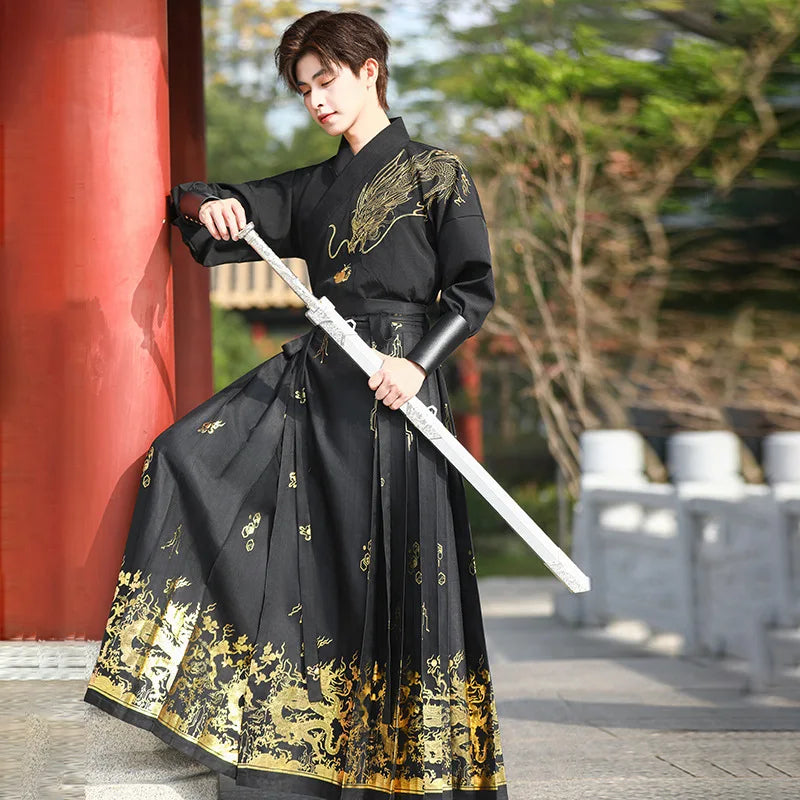 Traditional Chinese Modern Hanfu Men Horse Face Skirt Vest Mamianqun Embroidery Top Horse Face Skirt Two Piece Set 2024