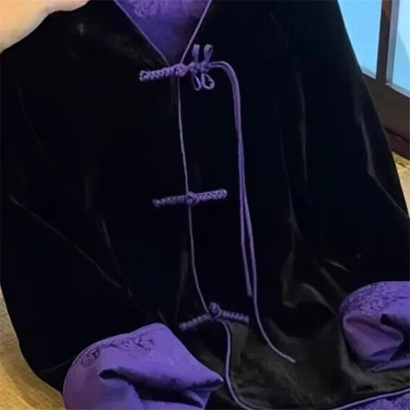 Black Velvet Jacket Women High-end Spliced Purple Coat Chinese Style Tassel Buckle Womens Outerwear Autumn Winter