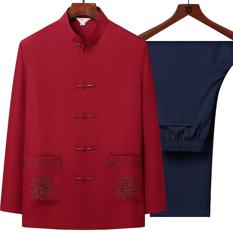 Tang Suit (top + Pants) Men's Middle-aged and Elderly Father Long Sleeve Old Man Clothes Grandpa Wear Chinese Style Tai Chi Suit