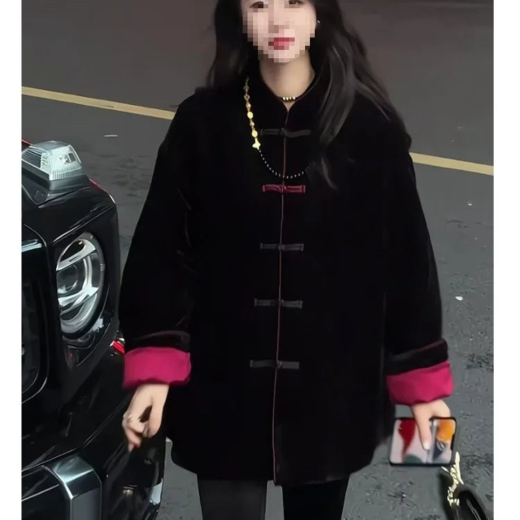 Winter Modern Chinese Coat, Women's Thick Padded Quilted Cotton Jacket with Knotted Buttons, Loose Fit Tang Suit