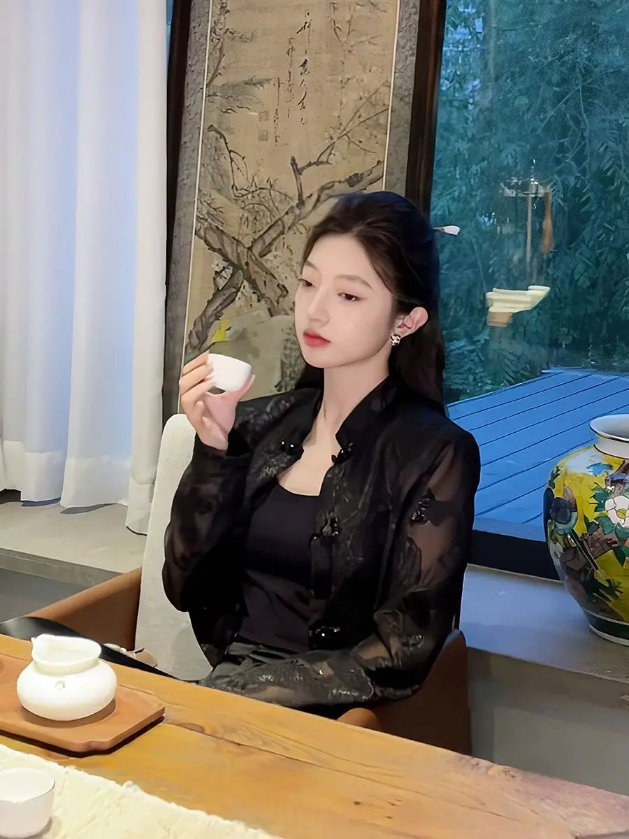 Summer tang suit top shirt qipao jacket chinese style suit costume lady Long-sleeved sunscreen shirt elegant lady cheongsam tops