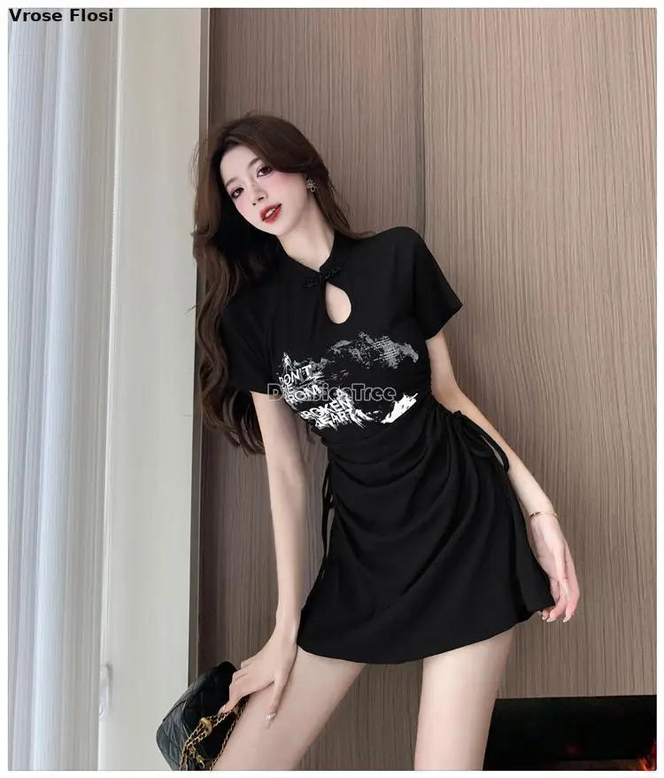 New 2024 Retro Daily Leisure Qipao Dress Chinese Style Printing Improved Cheongsam Fashionable Wrinkled Waist Design Thin Dress