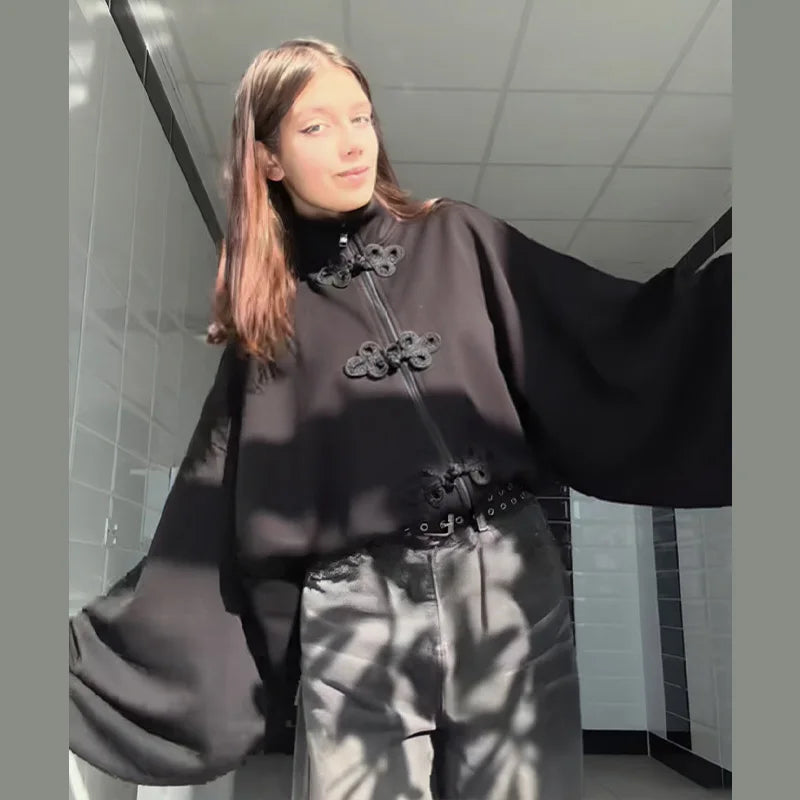 Chinese Knot Button Short Jacket Women Wide Sleeve Zipper Coat Stand Chic Fashion Outwear 2025 New Autumn Stylish Lady Coats