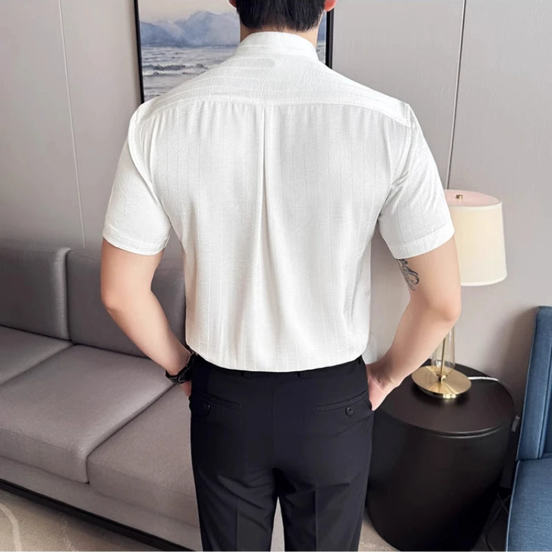Men Modern Chinese-Inspired Mandarin Collar Short-Sleeve Shirt - Lightweight Striped Design with Slim  Casual  Semi-Formal Wear