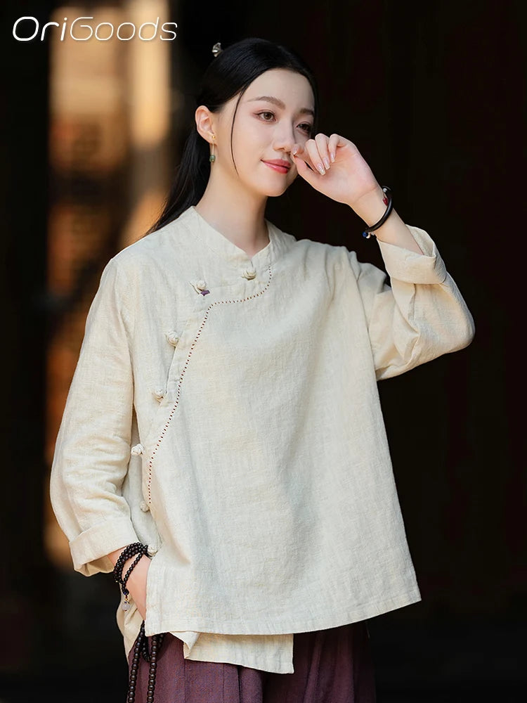 OriGoods Chinese Traditional Clothes Linen Shirt Woman 2025 New Summer Long Sleeve Shirt Japanese Zen Meditation Blouse Top C076