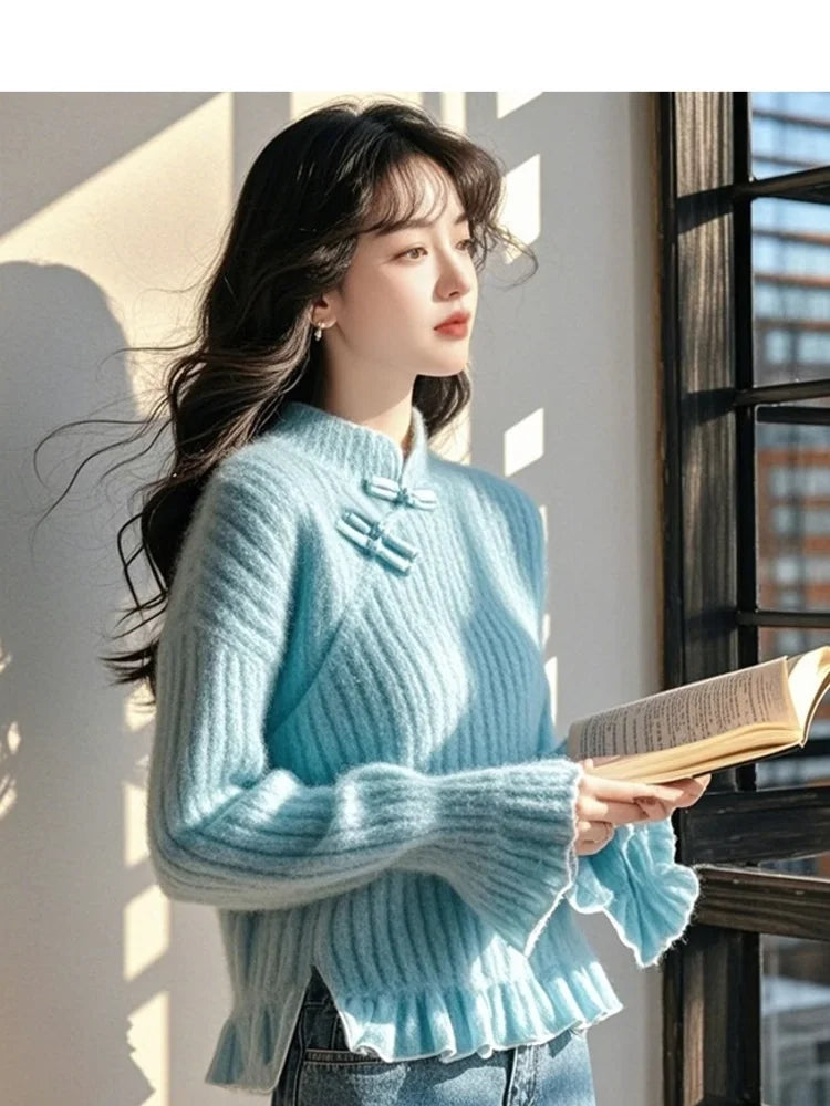 Elegant Pink Stand Collar Sweater With Ruffle Hem And Button Closure For Women Casual Autumn Winter Wear Chinese Style Design