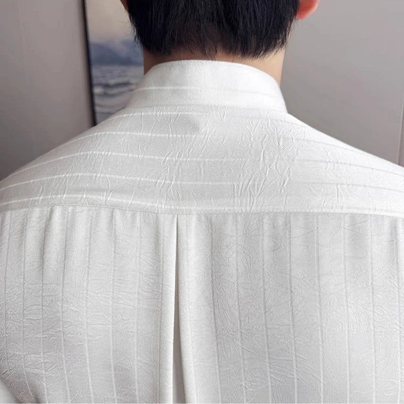 Men Modern Chinese-Inspired Mandarin Collar Short-Sleeve Shirt - Lightweight Striped Design with Slim  Casual  Semi-Formal Wear