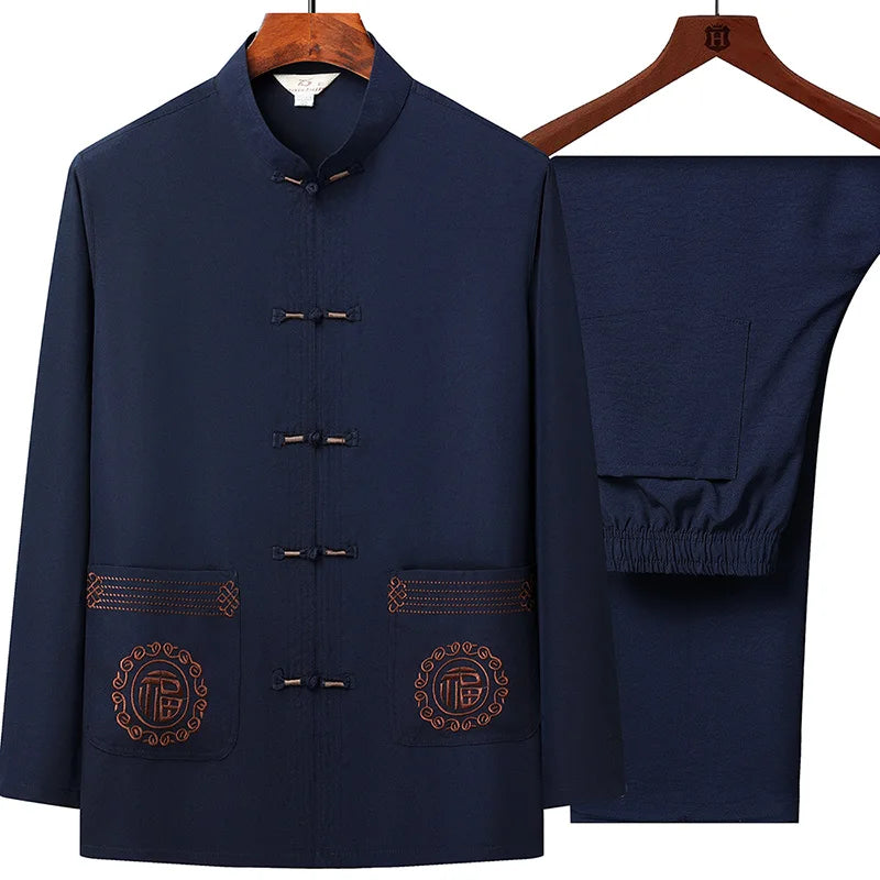 Tang Suit (top + Pants) Men's Middle-aged and Elderly Father Long Sleeve Old Man Clothes Grandpa Wear Chinese Style Tai Chi Suit