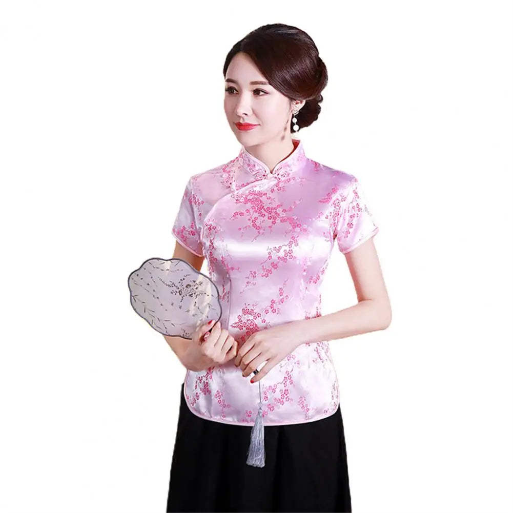 Women Cheongsam Shirt Chinese Style Plum Print Summer Autumn Exquisite Buckles Stand Collar Cheongsam Top for Wedding