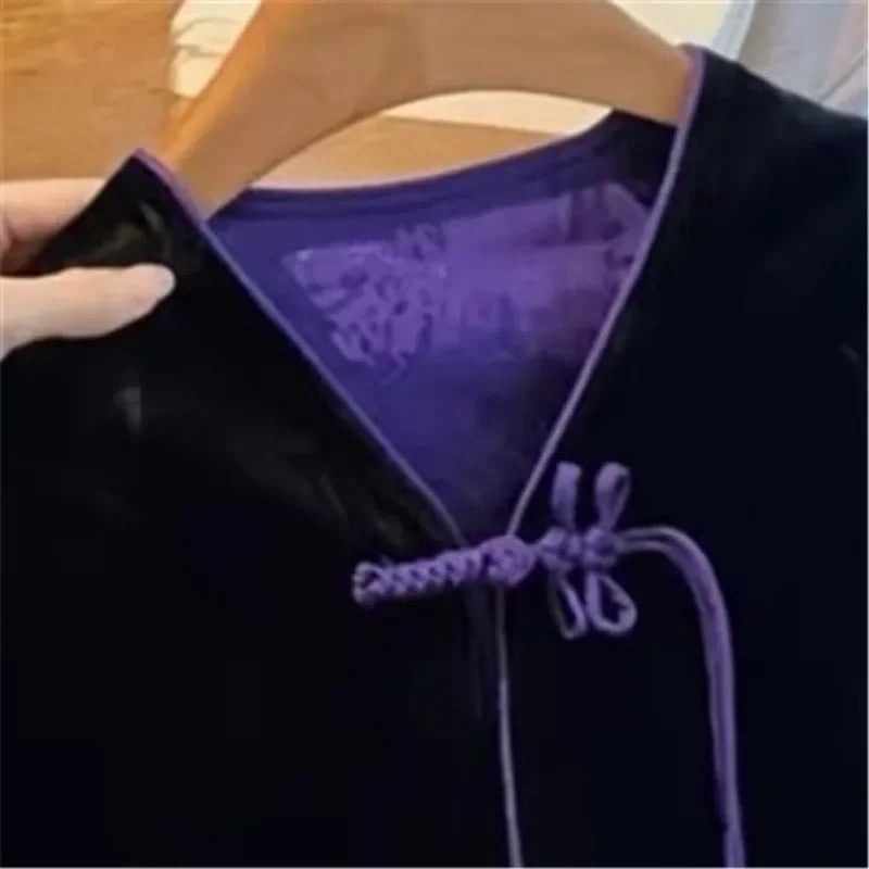 Black Velvet Jacket Women High-end Spliced Purple Coat Chinese Style Tassel Buckle Womens Outerwear Autumn Winter