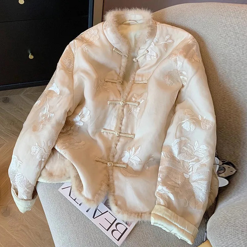 Winter Modern Chinese Quilted Coat, Women's Embroidered Cotton Padded Jacket with Knotted Buttons, Tang Suit Style