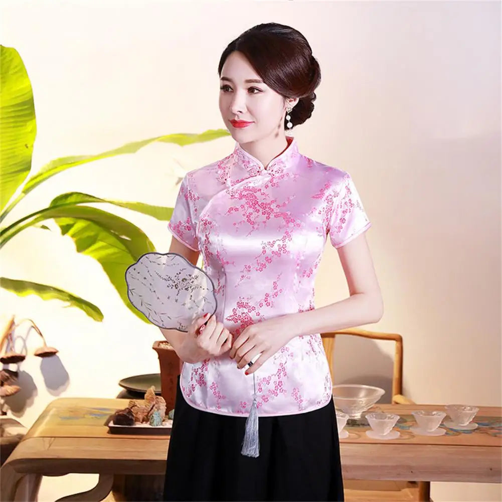 Women Cheongsam Shirt Chinese Style Plum Print Summer Autumn Exquisite Buckles Stand Collar Cheongsam Top for Wedding