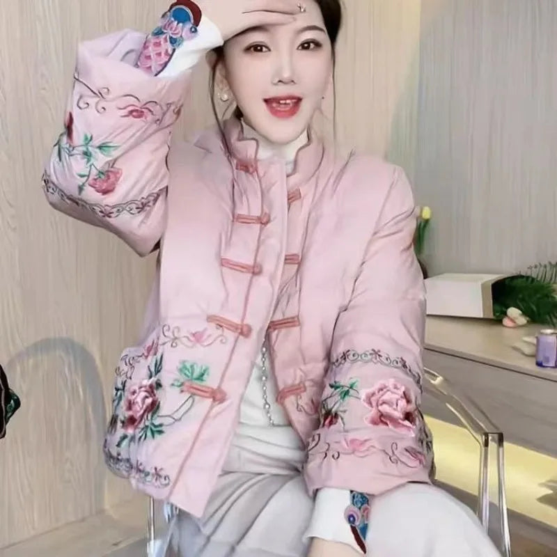 Chinese Style Retro Tang Style Cotton Jacket Women 2025 New Autumn Fashion Pink Womens Coat Casual Female Winter Clothes