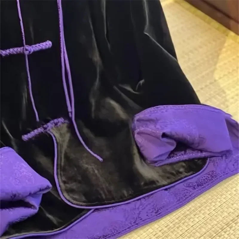 Black Velvet Jacket Women High-end Spliced Purple Coat Chinese Style Tassel Buckle Womens Outerwear Autumn Winter