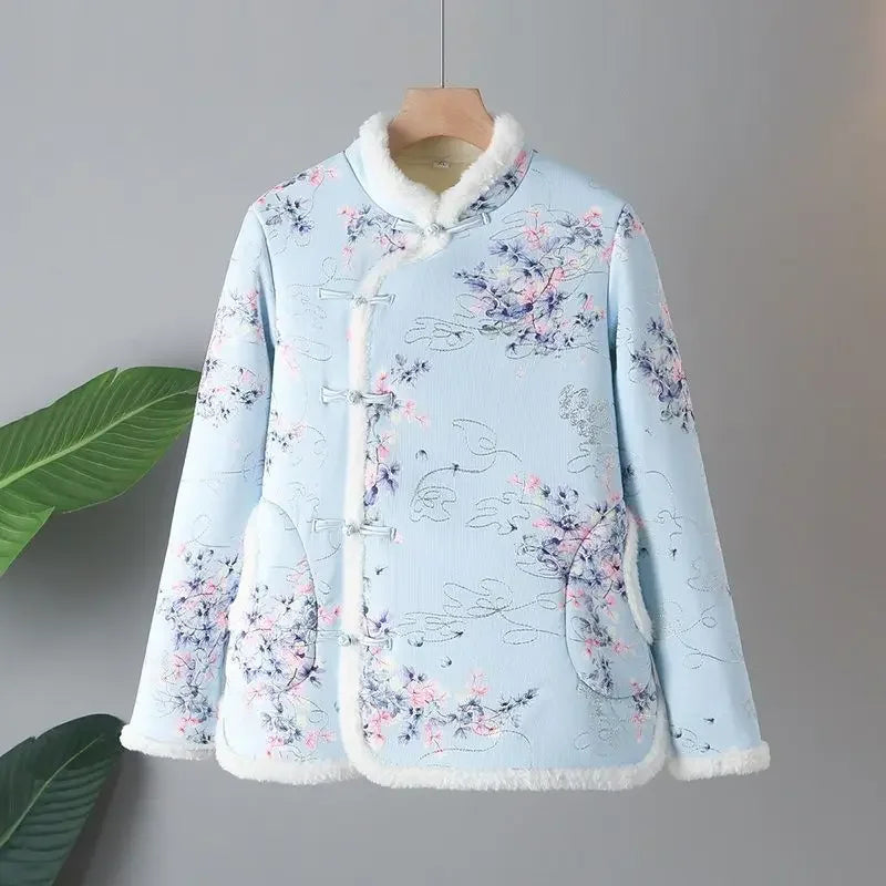 New Chinese thick plush cotton-padded jacket women's cheongsam collar embroidery buckle fur cotton-padded jacket winter coat