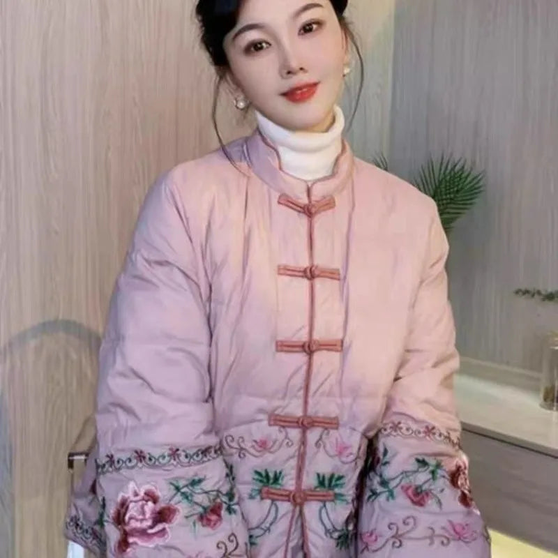 Chinese Style Retro Tang Style Cotton Jacket Women 2025 New Autumn Fashion Pink Womens Coat Casual Female Winter Clothes
