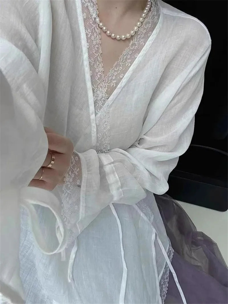 2025 New Spring White Lace Patchwork Blouse Women Chinese Fashion Long Sleeve Breathable Elegant Cardigans Irregular Shirts