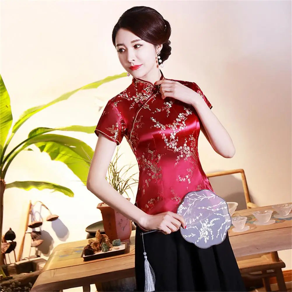 Women Cheongsam Shirt Chinese Style Plum Print Summer Autumn Exquisite Buckles Stand Collar Cheongsam Top for Wedding