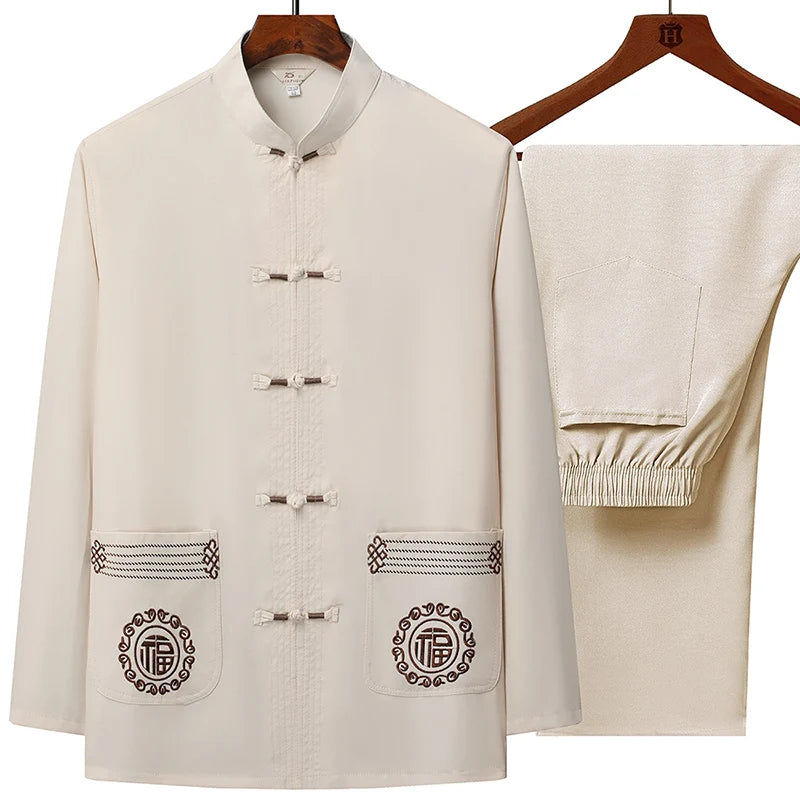 Tang Suit (top + Pants) Men's Middle-aged and Elderly Father Long Sleeve Old Man Clothes Grandpa Wear Chinese Style Tai Chi Suit