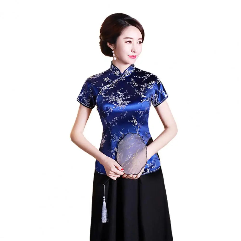 Women Cheongsam Shirt Chinese Style Plum Print Summer Autumn Exquisite Buckles Stand Collar Cheongsam Top for Wedding