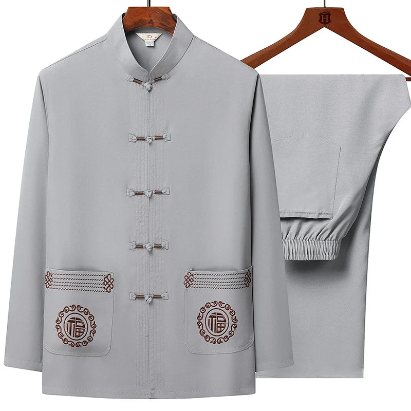 Tang Suit (top + Pants) Men's Middle-aged and Elderly Father Long Sleeve Old Man Clothes Grandpa Wear Chinese Style Tai Chi Suit